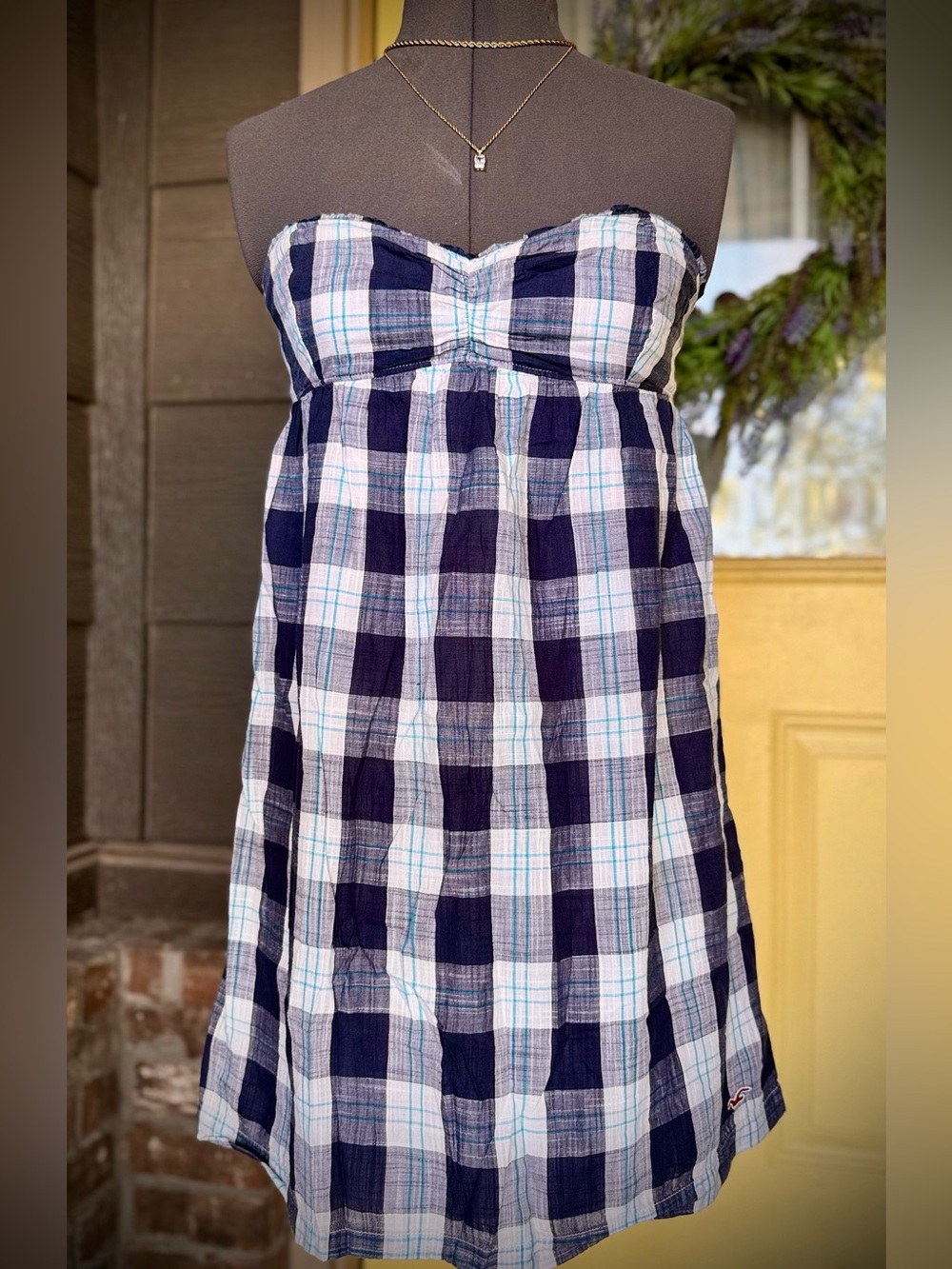 Vintage Y2K Hollister Strapless Plaid Babydoll Blue White Mini Dress Tunic Top